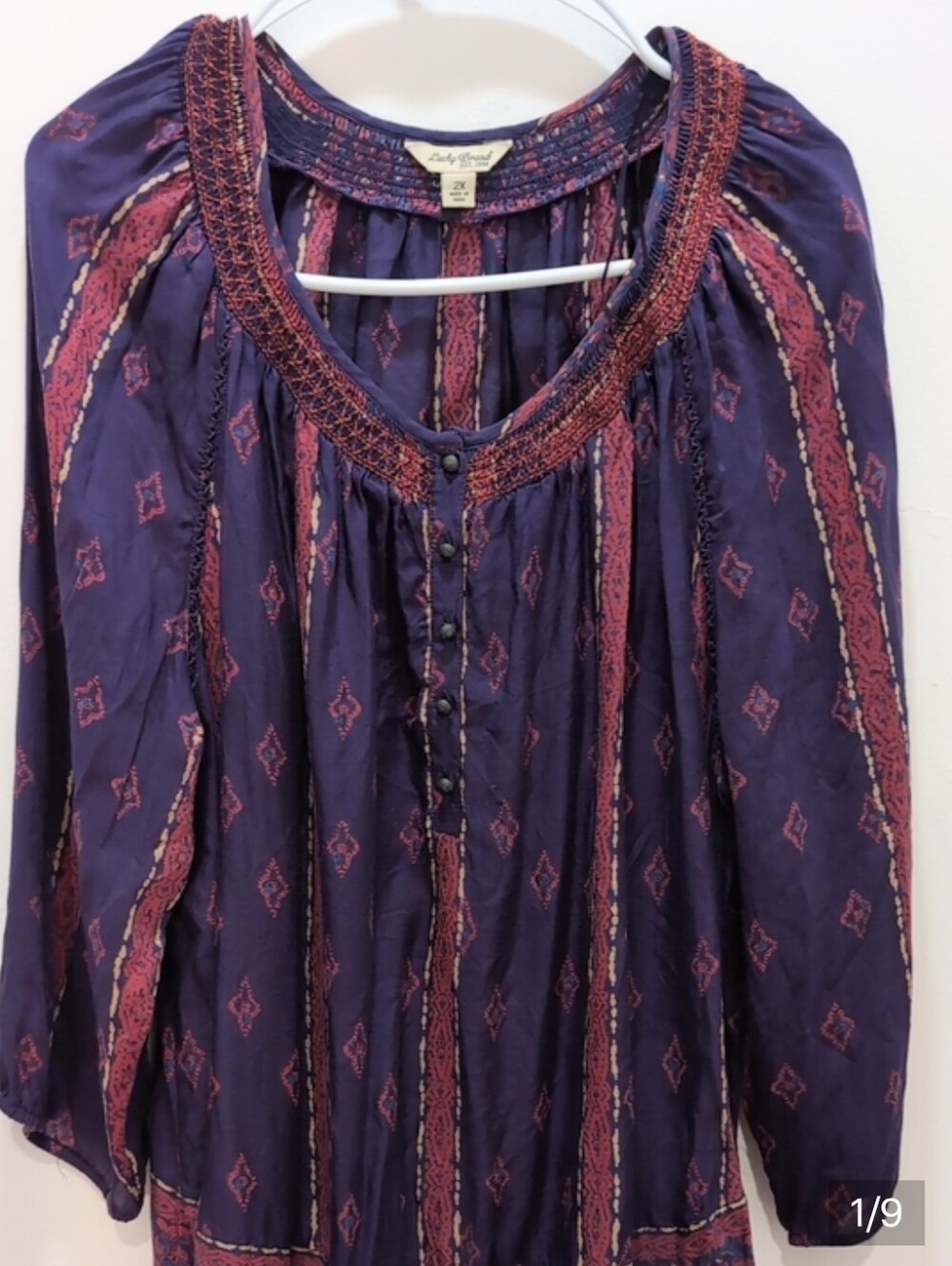 Lucky Brand Purple Long-Sleeve BOHO Peasant Blouse Purple With Red Accents 2XL